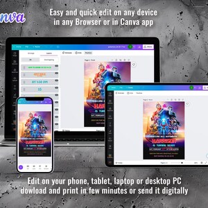 May include: A screenshot of a Canva design template for a birthday invitation. The invitation features a colorful graphic of a robot with the text "Calling all Autobots Harrison is turning seven".