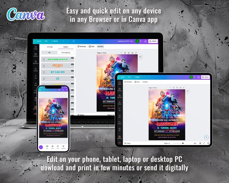 May include: A screenshot of a Canva design template for a birthday invitation. The invitation features a colorful graphic of a robot with the text "Calling all Autobots Harrison is turning seven".