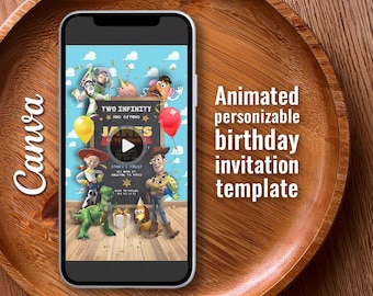 Invitación de cumpleaños de Toy Story en video, invitación móvil animada (plantilla editable de Canva)