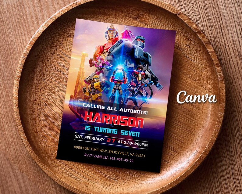 May include: A birthday party invitation featuring a colorful illustration of Transformers robots. The text reads "Calling all Autobots! Harrison is turning seven. Sat, February 27 at 2:30-4:00pm. 8900 Fun Time Way, Enjoyville, VA 23231. RSVP Vanessa 145-453-45-92."