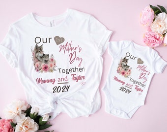 Personalized Our First Mother's Day Together Wolf Matching Tee Baby Onesie, Mommy and Baby Outfit, Matching Family Shirt, Mothers Day Gift