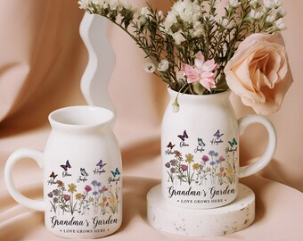 Personalized Grandma's Garden Mug, Love Grows Here Vase, Wildflower Gifts, Custom Grandkid Name Flower Vase,Mothers Day Gifts,Mom Coffee Mug