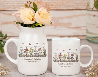 Personalized Grandma's Garden Mug, Love Grows Here Vase, Wildflower Gifts, Custom Grandkid Name Flower Vase,Mothers Day Gifts,Mom Coffee Mug