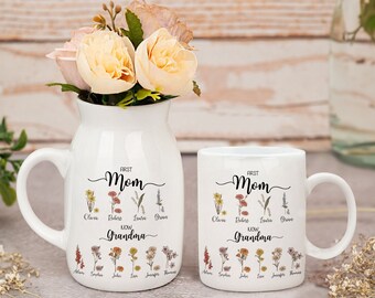 Personalized Grandma's Garden Mug, First Mom, Now Grandma Garden Vase, Wildflower Gifts, Custom Grandkid Name Flower Vase,Mothers Day Gifts