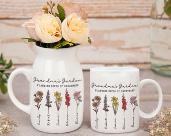 Custom Grandma's Garden Vase With Grandkids Names,Planting Seeds Of Greatness,Unique Mother's Day Gift for Grandma,Birth Flower Mug Mom Gift