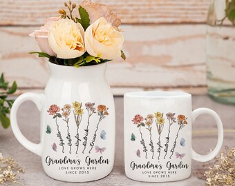 Personalized Grandma's Garden Mug, Love Grows Here Vase, Wildflower Gifts, Custom Grandkid Name Flower Vase,Mothers Day Gifts,Mom Coffee Mug