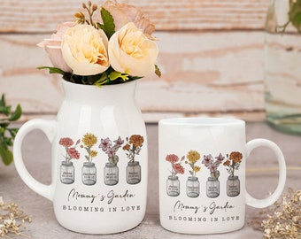 Personalized Mommy's Garden Mug,Blooming In Love,Custom Birth Month Flowers With Grandkids Names and Date,Mothers Day Vase,Mom Birthday Gift