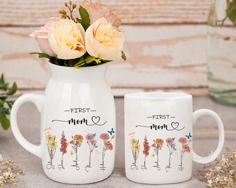 Personalized Birth Flower Mug Mom Gift, First Mom Vase, Custom Grandma's Garden Coffee Cup with Name,Mothers Day Gifts,Unique Mom Coffee Mug