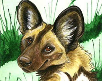 Curious Gaze - African Wild Dog Painting Print - Kindred Spirit Watercolor totem painted dog wall art picture african wildlife