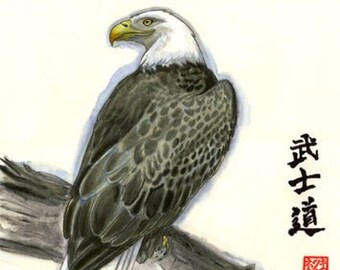 Sky Warrior Eagle Painting Print - Wall art, bald eagle, gift, Japanese, Ink, Sumi , Bushido, Raptor