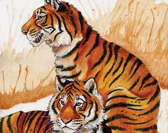 Tiger Brothers Watercolor Print - Wall art, tiger, big cat, siblings, painting, wildlife, cats