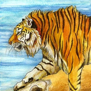 Caspian Tiger Watercolor Print - Arte de la pared, tigre, gato grande, extinto, océano, pintura