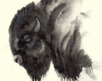 Plains Ghost Bison Art Painting Print - Sumi Ink totem buffalo art wall art picture native american gift wall art watercolor