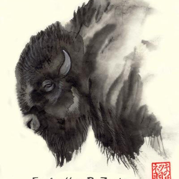 Plains Ghost Bison Art Painting Print - Sumi Ink totem buffalo art wall art picture native american gift wall art watercolor