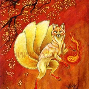Fire Feet Kitsune Watercolor Print - Wall art, fox, foxfire, japanese, mythology, white fox, asian, painting
