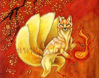 Fire Feet Kitsune Watercolor Print - Wall art, fox, foxfire, japanese, mythology, white fox, asian, painting