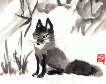 Little Vixen Sharp-Ears Fox Painting Print - Sumi Ink Watercolor totem foxes wall art picture Czech vulpes
