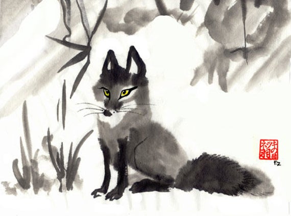 Little Vixen Sharp-ears Fox Painting Print - Sumi Ink