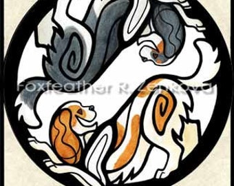Yin Yang Cavalier King Charles Spaniel Painting Print - Wall art, Giclee, totem, yin-yang, dog, blenheim, Cav, circle, breed, red