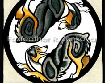 Yin Yang Australian Shepherd Art Painting Print - Wall art, Giclee, totem, yin-yang, breed, dog, tricolor, blue merle, Aussie, herding
