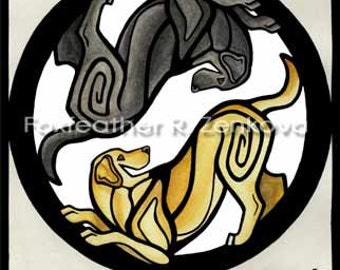 Yin Yang Labrador Retriever Painting Print - Wall art, Giclee, totem, yin-yang, circle, breed, yellow, black