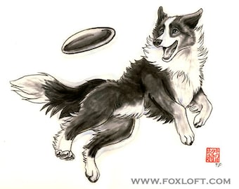 Disc Dog Border Collie Art Painting Print - Wall art, ink, japanese, breed, dog, collie, herding