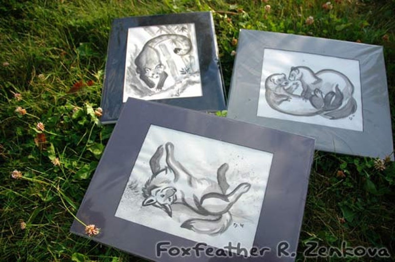 May include: Three framed black and white ink drawings of animals. The first drawing shows a ferret curled up in a ball. The second drawing shows a ferret standing on its hind legs. The third drawing shows a ferret lying on its back with its legs in the air.