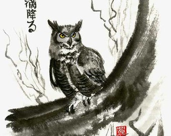 銀色の雫が落ちるフクロウの墨絵プリント - 壁アート、アメリカ