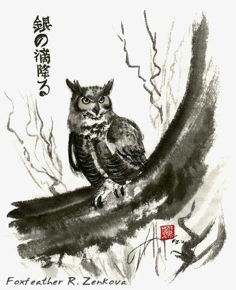 銀色の雫が落ちるフクロウの墨絵プリント - 壁アート、アメリカ
