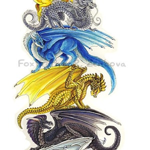 Dragon Stack Painting Print - Wall art, guardian, totem, eastern, oriental, asian, western, black, blue, silver, copper, red, chromatic