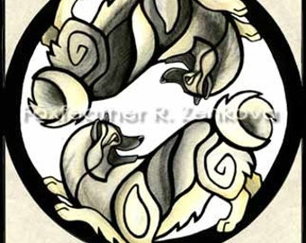 Yin Yang Keeshond Painting Print - Wall art, Giclee, totem, yin-yang, circle, breed, Kees, German Spitz, Wolfspitz, Keeshonden