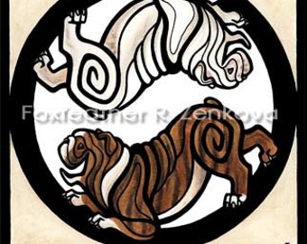 Yin Yang Bulldog Art Painting Print - Wall art, Giclee, totem, yin-yang, red, black, circle, breed, brindle, white, English
