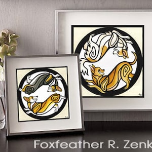 May include: Two framed illustrations of stylized dogs in a circular design. The dogs are black, white, and orange. The background is cream colored.