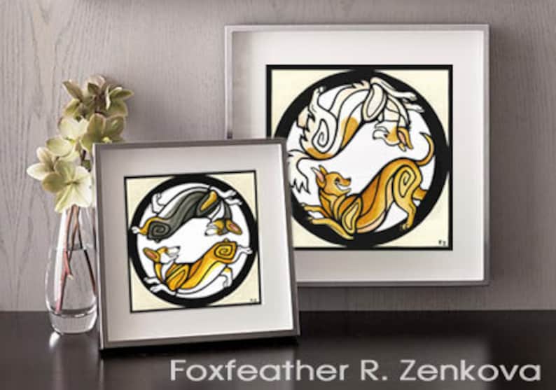 May include: Two framed illustrations of stylized dogs in a circular design. The dogs are black, white, and orange. The background is cream colored.