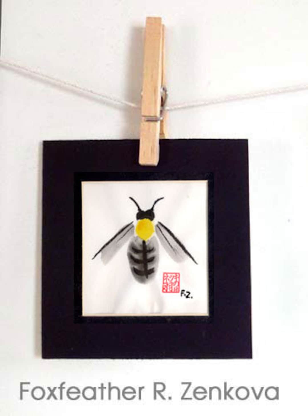 Original Bee Painting - Sumi Ink OOAK Honeybee Bumblebee Matted