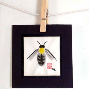 Original Bee Painting - Sumi Ink OOAK honeybee bumblebee matted wall art picture japanese gift wall art asian beekeeping watercolor