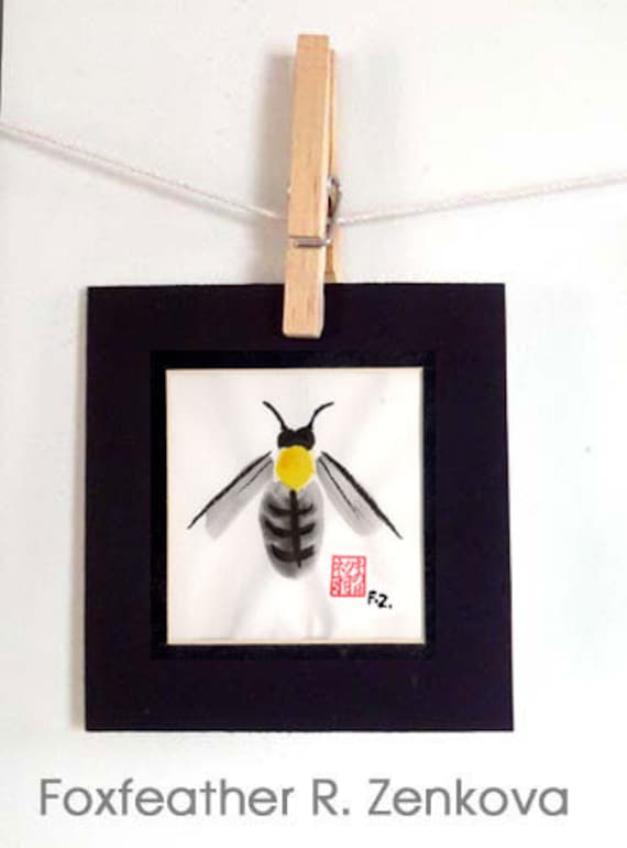 Original Bee Painting - Sumi Ink OOAK Honeybee Bumblebee Matted