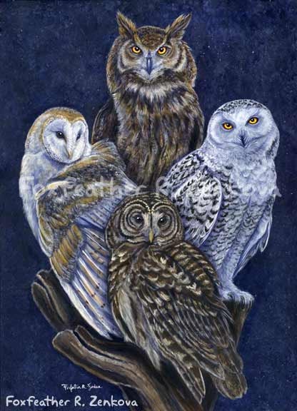 Totem Owls Painting Print - Wall art, bird stack, Barn Owl, Barred Owl, Snowy Owl, Eagle Owl, Owl Ar