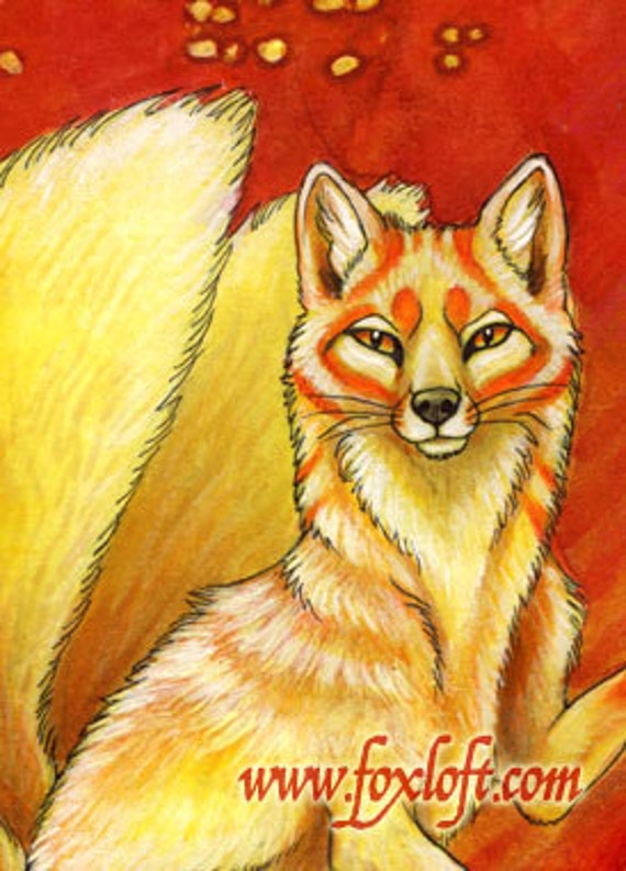 火の足キツネ水彩画プリント - 壁アート、キツネ、キツネ火、日本