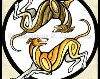 Yin Yang Whippets Painting Print - Wall art, Giclee, totem, yin-yang, sighthound, greyhound, brindle, circle, dog breed