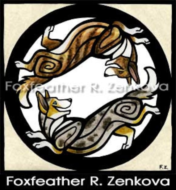 Yin Yang Cardigan Welsh Corgi Painting Print - Wall art, Giclee, totem, yin-yang,  tri-color, circle, breed