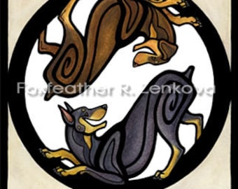 Yin Yang Doberman Art Painting Print - Wall art, Giclee, totem, yin-yang, red, black, circle, breed, dobie