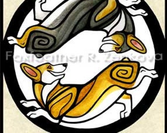 Yin Yang Pembroke Welsh Corgis Painting Print - Wandkunst, Giclee, Totem, Yin-Yang, tri-color, Kreis, Rasse