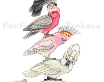Cockatoo Stack Painting Print - Wall art, bird stack, totem pole, galah, palm, moluccan, parrot, goffin&#39;s, umbrella, watercolor, portrait