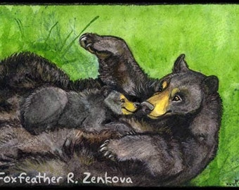 Mother Bear Painting Print - Baby Bear Watercolor totem black bears wall art picture native ame