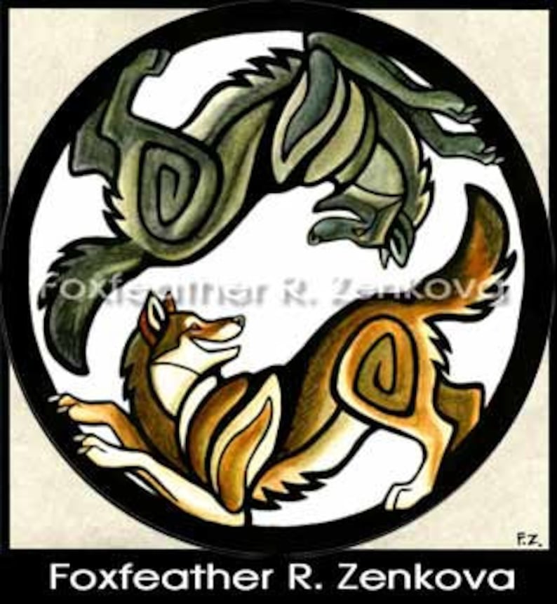 May include: A circular design featuring two stylized wolves facing each other. The wolf on the left is brown and tan, while the wolf on the right is gray and green. The wolves are both in a dynamic pose, with their tails curled around their bodies. The design is surrounded by a black circle.