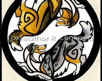 Yin Yang Shetland Sheepdogs Painting Print - Wall art, Giclee, totem, yin-yang, circle, breed, sheltie, sable, blue merle