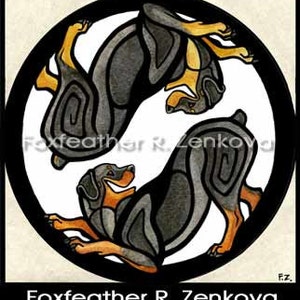 May include: A black and tan Rottweiler dog is depicted in a circular design. The dog is shown in a stylized, almost yin-yang-like pose, with its body forming a circle. The dog's head is facing forward, and its tail is curled around its body. The background is white.