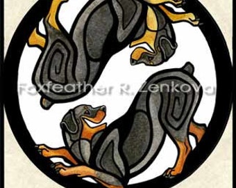 Yin Yang Rottweiler Art Painting Print - Wall art, Giclee, totem, yin-yang, rottie, circle, breed, watercolor, dog, tattoo
