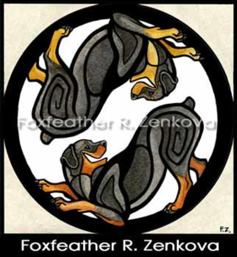 May include: A black and tan Rottweiler dog is depicted in a circular design. The dog is shown in a stylized, almost yin-yang-like pose, with its body forming a circle. The dog's head is facing forward, and its tail is curled around its body. The background is white.